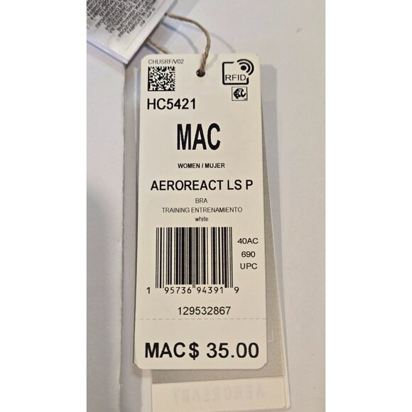 Adidas Aeroreact LS P Women's White Sport Bra White Women 40AC Light Support - Picture 4 of 11